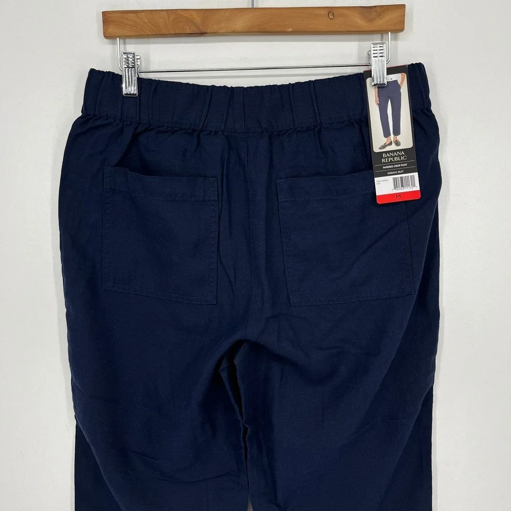 Banana Republic Women Navy Blue Tapered Crop Pant Elastic Waist Lyocell Linen M